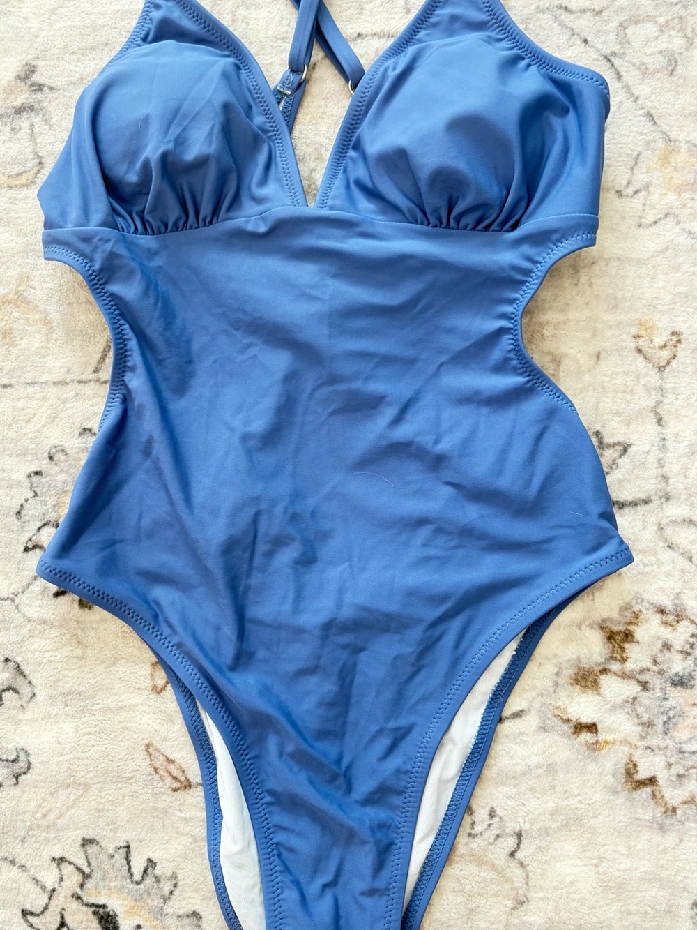 Cupshe Steel Blue One-Piece Swimsuit with V-Neck and Crisscross Straps